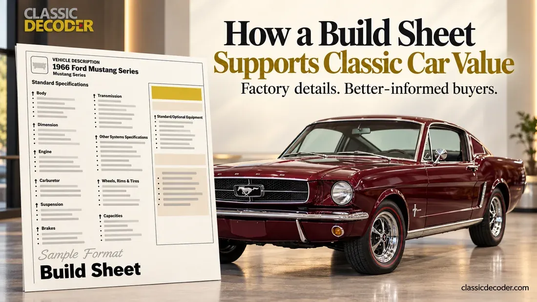 Burgundy classic Ford Mustang beside an illustrative build-sheet report.
