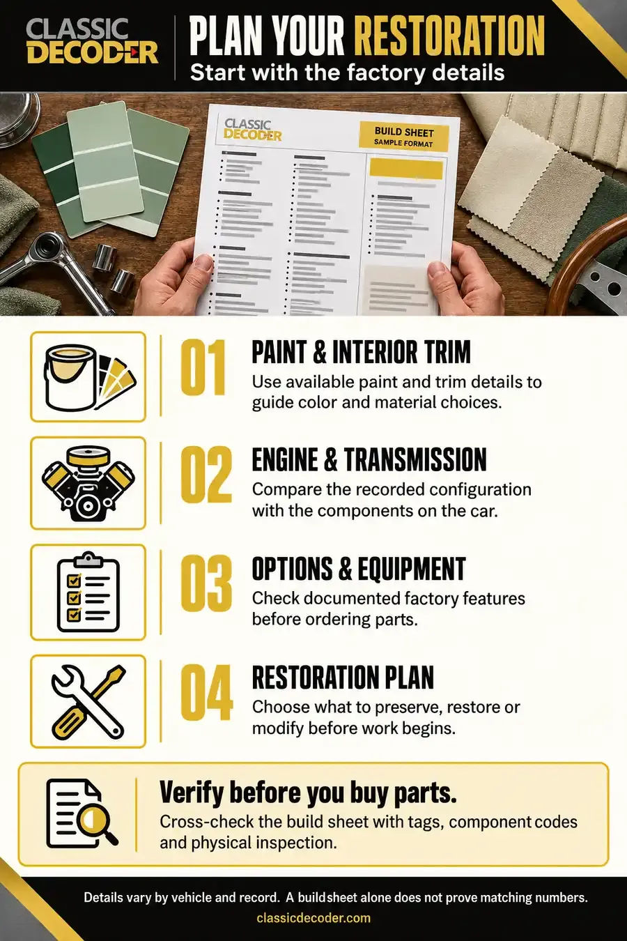 Build sheet restoration checklist covering paint, interior trim, engine, transmission, factory equipment, and project planning