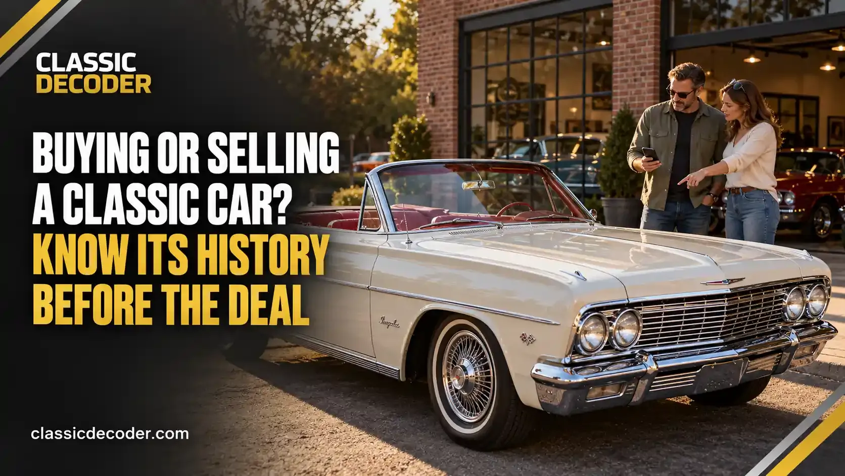 Buyer and seller reviewing information on a smartphone beside an ivory classic convertible.