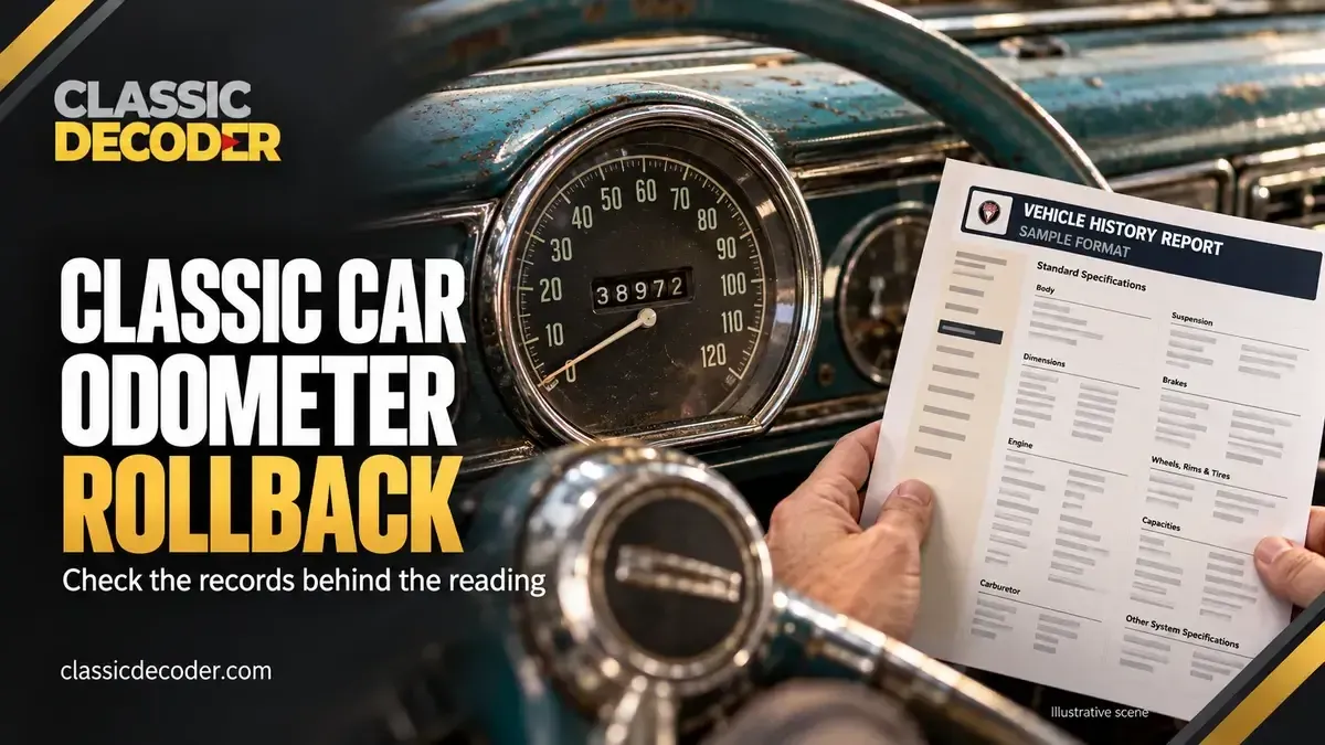 Classic car odometer beside a hand-held sample vehicle history report.