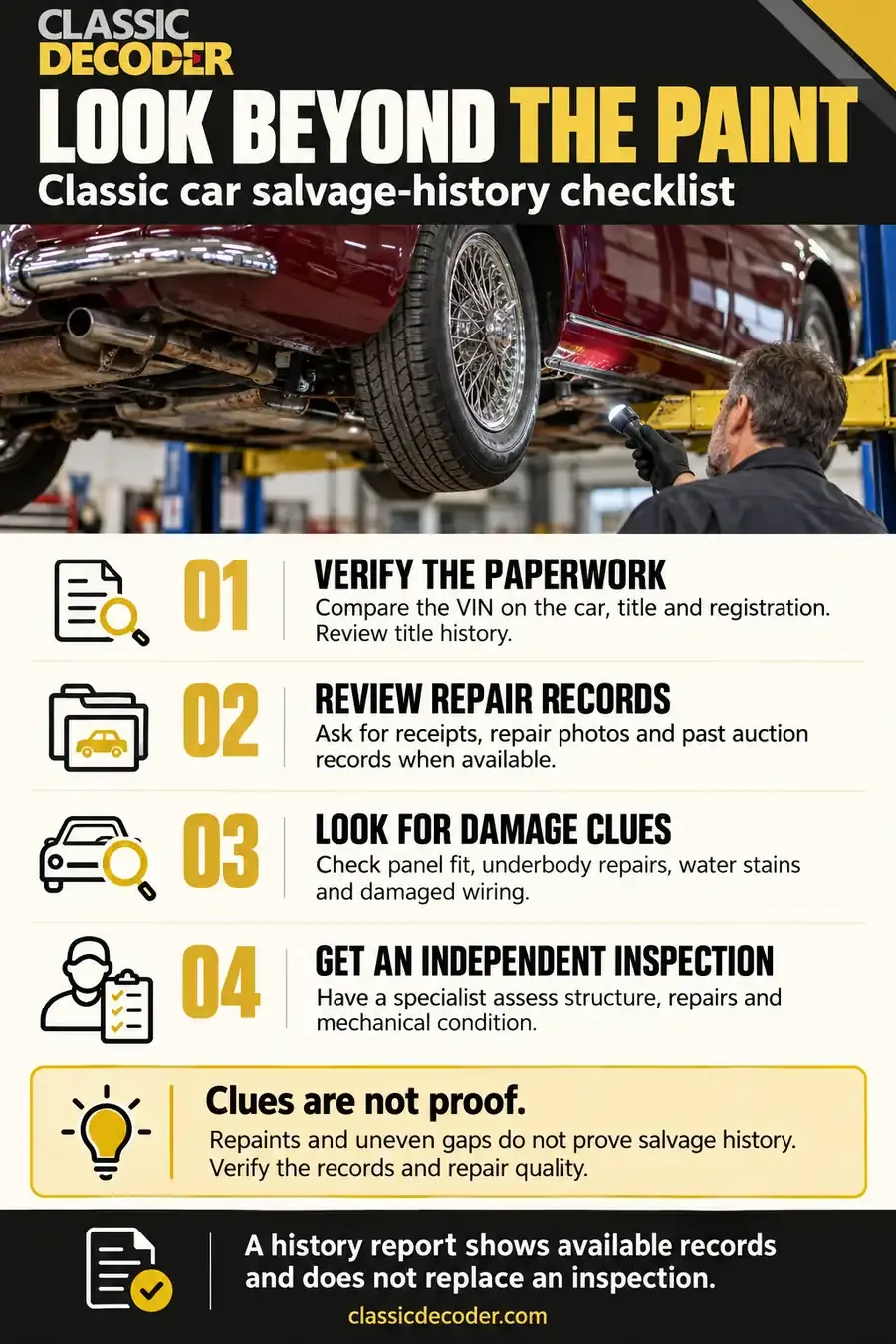 Classic car salvage-history checklist covering paperwork, repair records, damage clues, and independent inspection