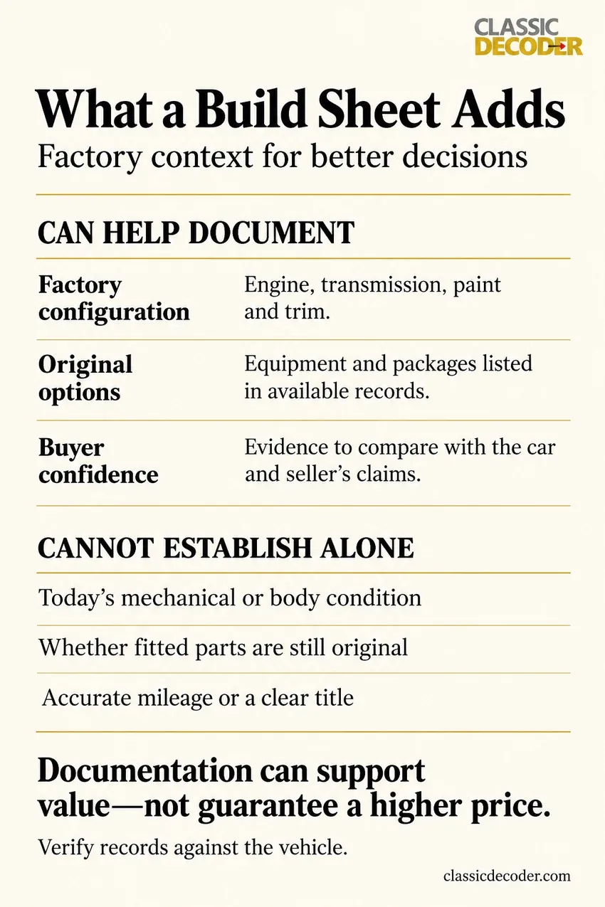 What a build sheet can document about factory specifications and what it cannot establish about a classic car today