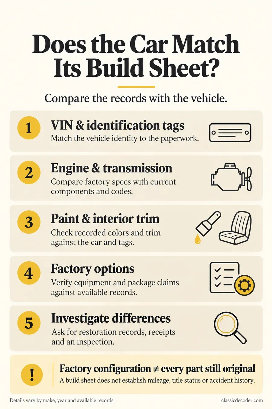 Five checks for comparing a classic car with its build sheet, covering identification, drivetrain, colors, factory options and discrepancies