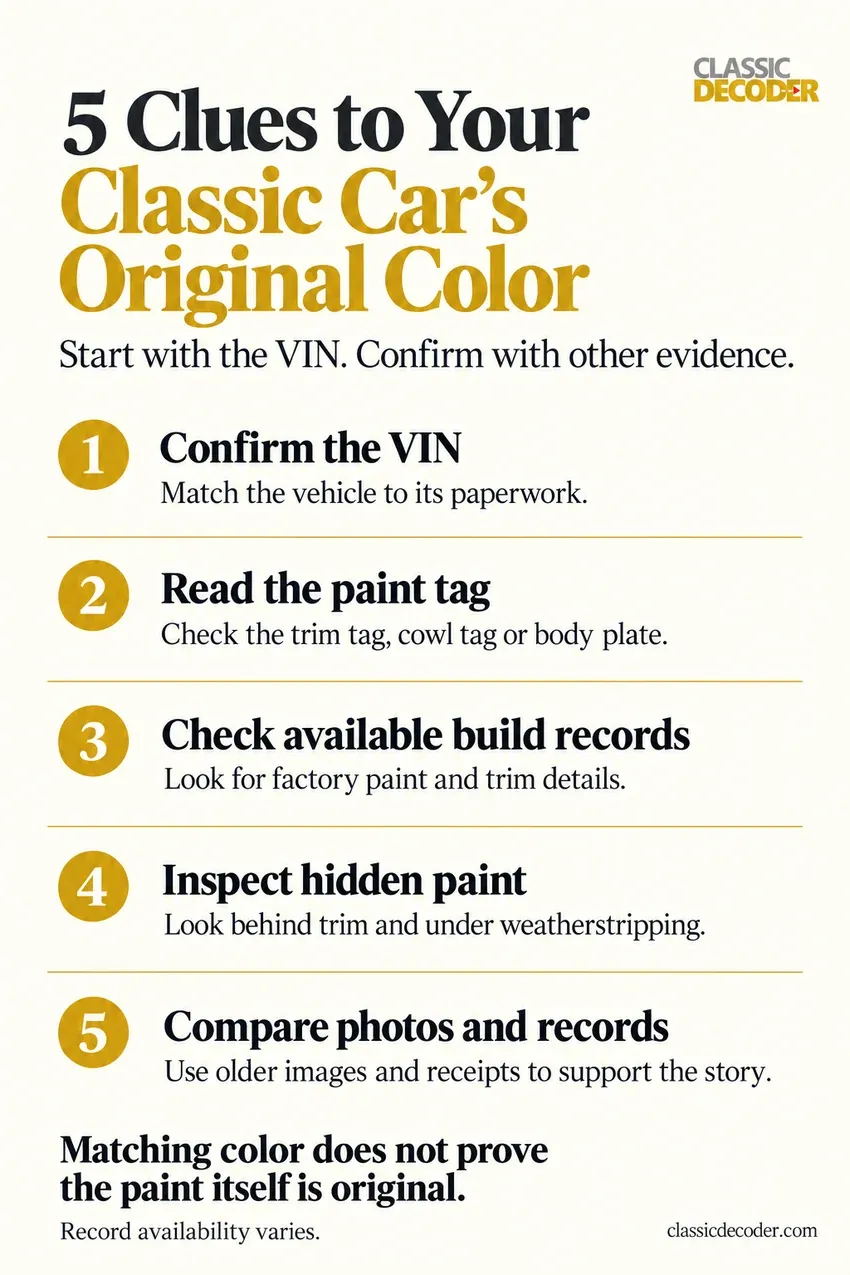 Five clues to a classic car’s original color: VIN, paint tag, available build records, hidden paint, and older photos and paperwork.