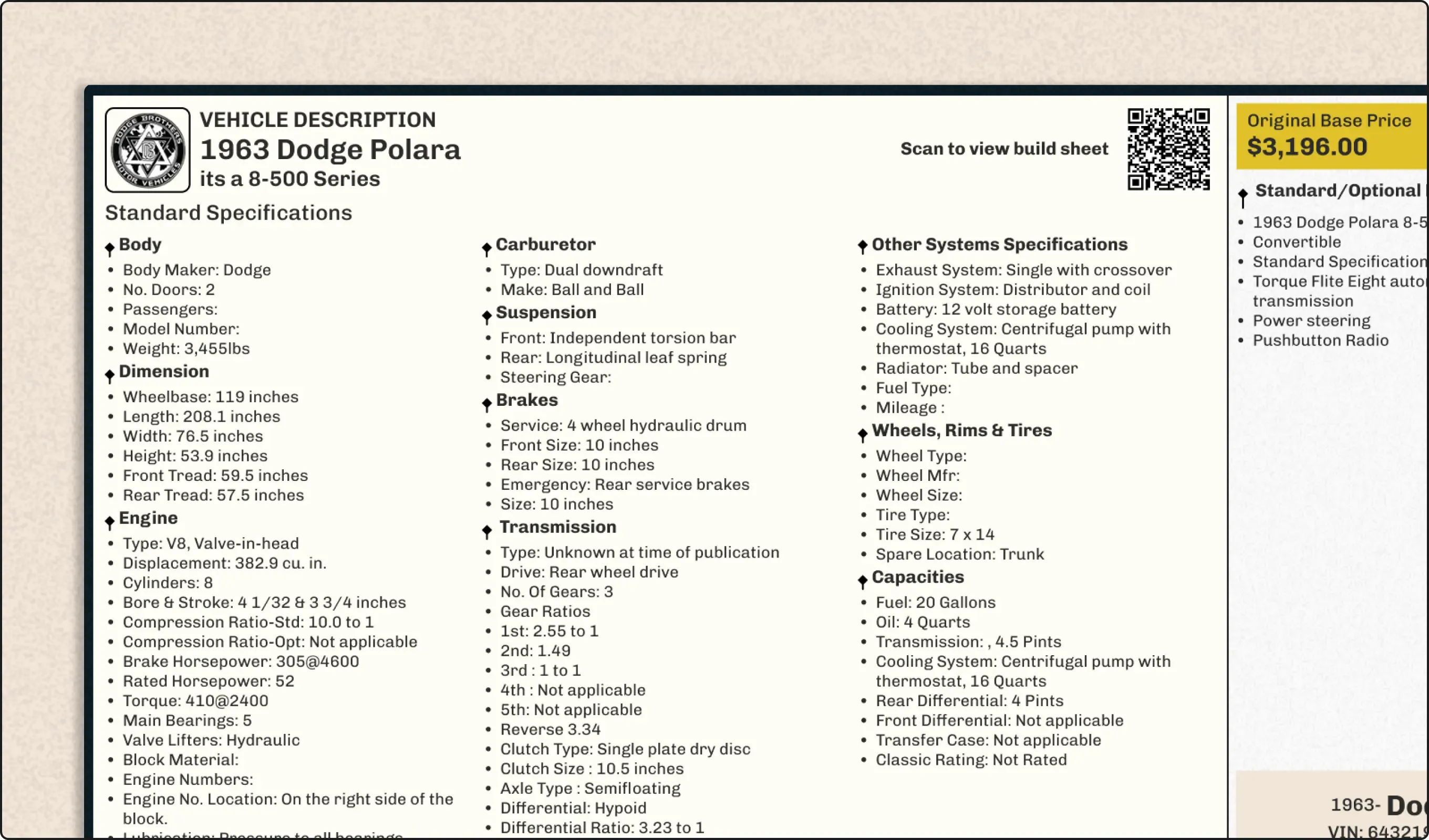 Classic Build Sheet