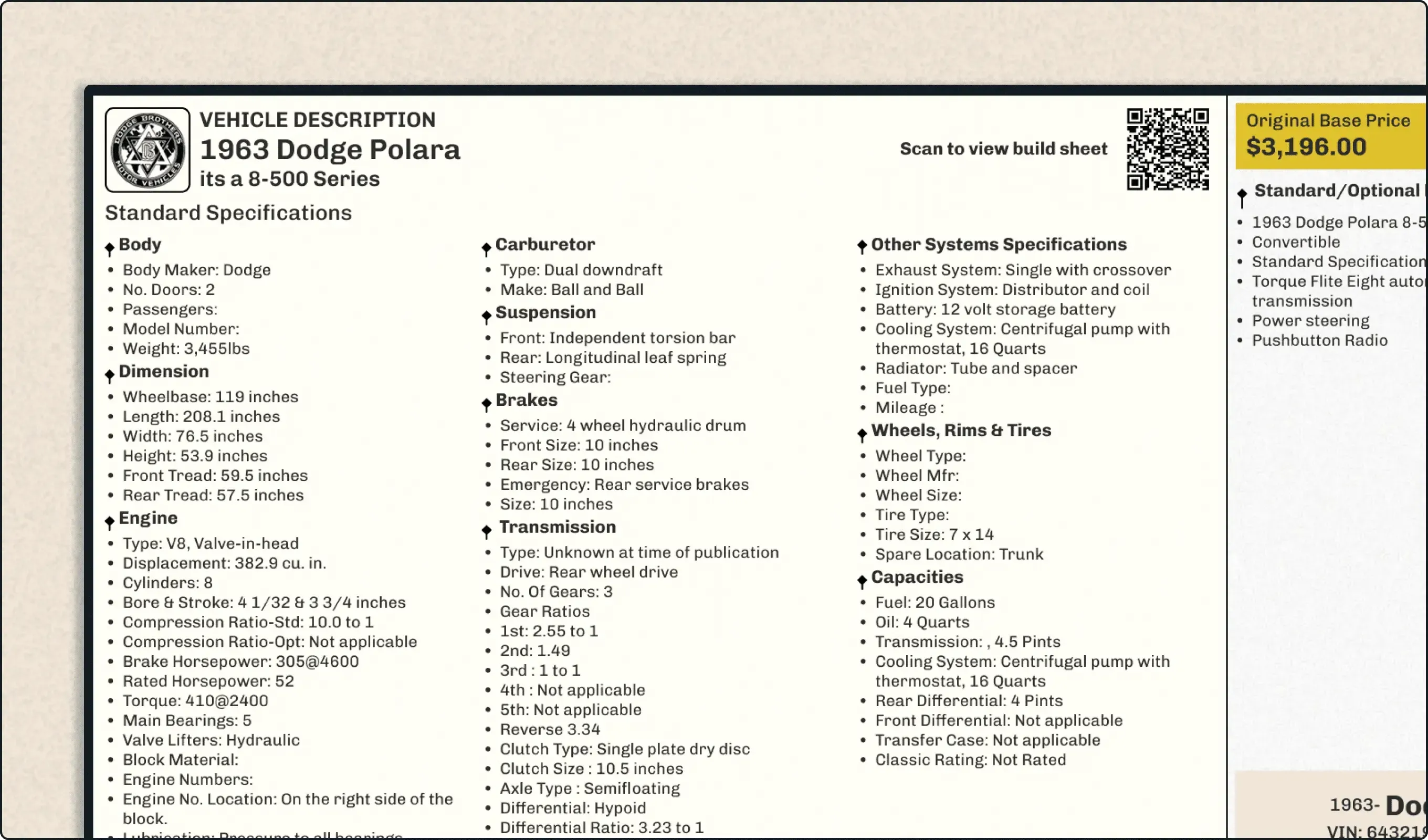 Classic Build Sheet by VIN
